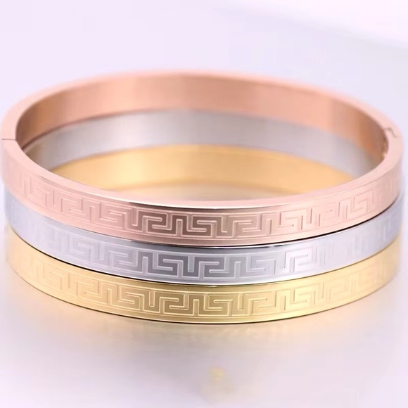 Stainless Steel Gold Plated Greek Carving Pattern Bangle Bracelet - Picture 2 of 5